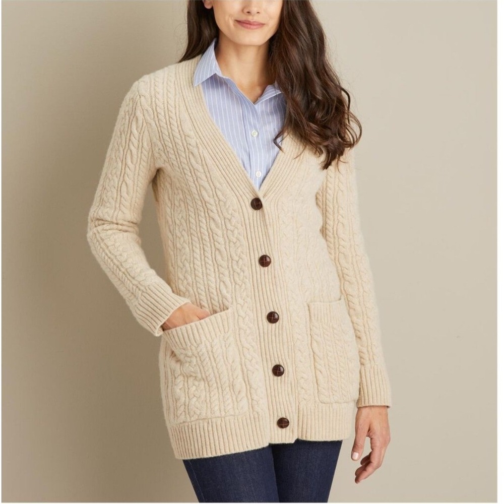 Duluth Trading Co Womens Fisherman Cardigan Wool Cashmere Cable Knit Cream M